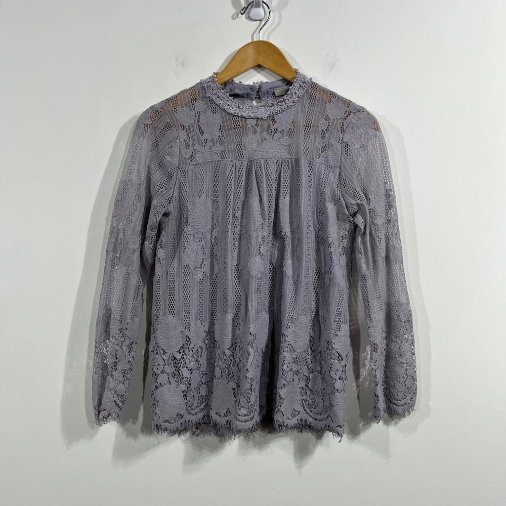 Ultra Pink Boho Floral Lace Mock Neck Blouse Womens Medium Victorian Revival